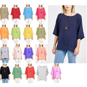 New Womens Ladies Italian Round Neck Loose Fitting Plain Linen Crop Blouse Summer Top With Necklace