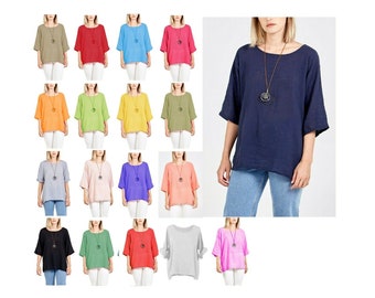 New Womens Ladies Italian Round Neck Loose Fitting Plain Linen Crop Blouse Summer Top With Necklace