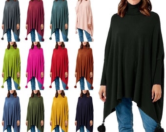 Ladies Oversized Italian Knitted Cowl Neck Poncho Jumper Sweater Drape Sides Tassel Batwing Top