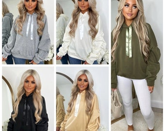 Ladies Oversized  Ruched Sleeve Hooded With Ribbon, Women's Sweatshirt Jumper Top