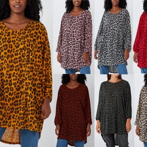 Plus Size Women Ladies Italian Legeenlook Leopard Print Batwing Long Sleeve Dipped Hem Dress Top New
