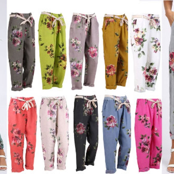 Women's Floral Linen Trousers, Elastic Tie Waist Pants, Regular Sizes 8-16, Italian Inspired