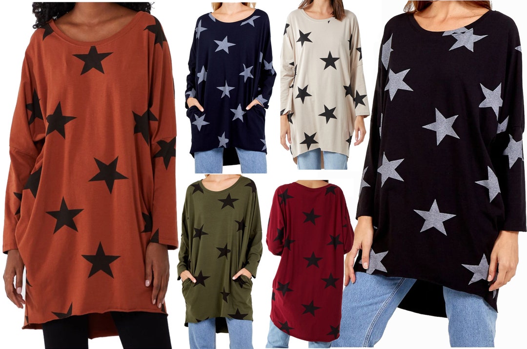 Women Ladies Italian Star Print Legenlook Batwing Long Sleeve Dipped Women Ladies Italian Star Print Legenlook Batwing Long Sleeve Dipped