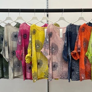 Women Italian Printed Lageenlook Batwing Cotton Linen Ladies Tunic Summer Top