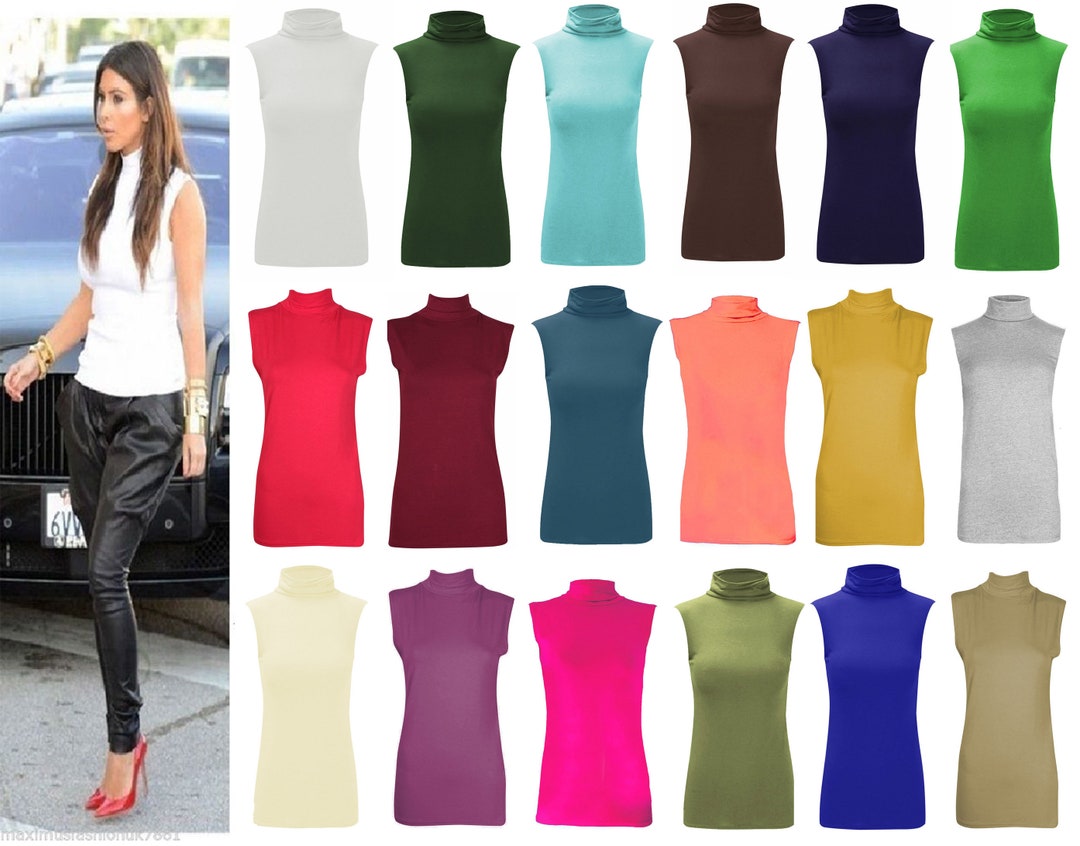Ladies Women's Sleeveless Polo Turtle Neck Top High Neck Stretch