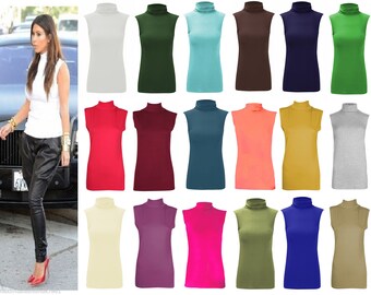 Ladies Women's Sleeveless Polo Turtle Neck Top High Neck Stretch Bodycon Shirt Vest Jumper UK 8-26