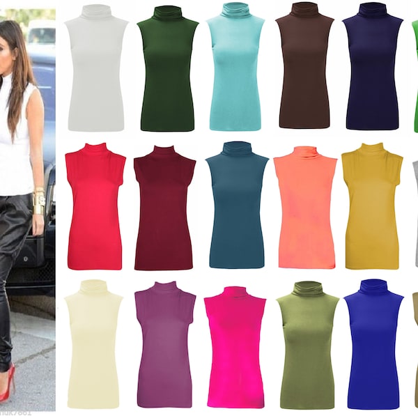 Ladies Women's Sleeveless Polo Turtle Neck Top High Neck Stretch Bodycon Shirt Vest Jumper UK 8-26