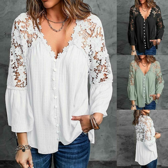 Women's Lace Chiffon Blouse Shirt Ladies V-neck Long | Etsy