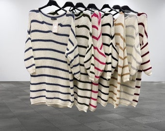 Ladies Long Sleeve Pullover Knit Jumper, Women's V Neck Lightweight Pencil Striped Design Knit Sweater