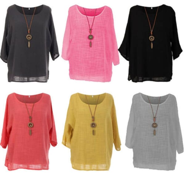 Ladies Italian Lagenlook Tunic Cotton Top Women Round Neck Necklace Quirky Shirt