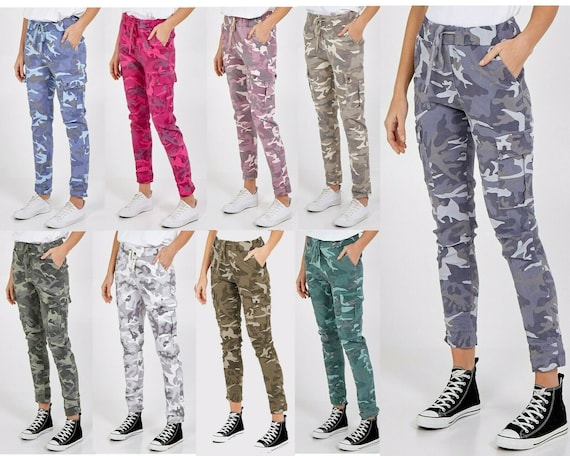 New Ladies Cargo Pocket Super Stretch Camouflage Print Jogger Magic Trousers  