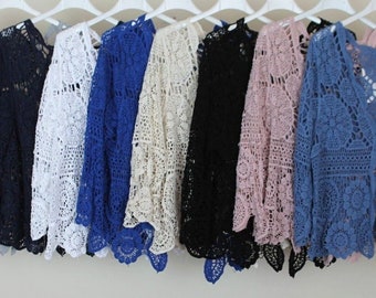 Ladies  Italian Lagenlook Crochet Lace Short Tie Up Cardigan Shrug New