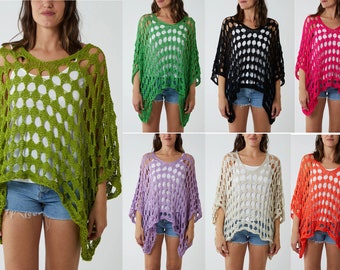 Women Ladies Oversized Lagenlook Layering V Neck Dimond Knit Crochet summer Blouse Top Shirt