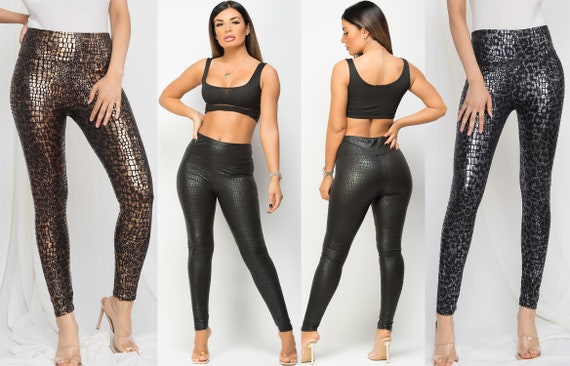 Ladies Trendy Faux Leather Animal Crocodile Print Wet Look High Waisted  Disco Shinny Leggings Pant 