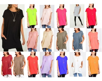 Ladies Italian Batwing Dip Hem Necklace Top Women LagenLook Oversize Sleeveless Baggy Dress