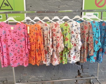 Dames bloemenprint Lageenlook Batwing katoenlinnen damestuniek zomertop