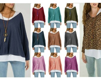 New Women's Ladies Italian Fine Knit Glitter Trim Jumper 2 In 1 soft loose quirky Necklace Top Blouse