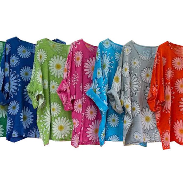 Women Italian Daisy Print Lageenlook Batwing Cotton Linen Ladies Tunic Summer Top