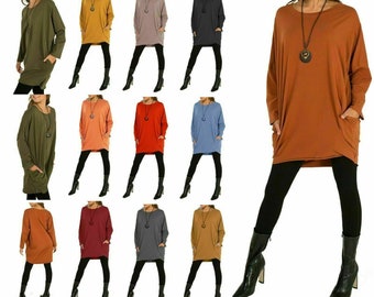 Women Ladies Italian Legenlook Batwing Long Sleeve Dipped Hem Dress Plain Necklace Tunic Top One Size 8-18