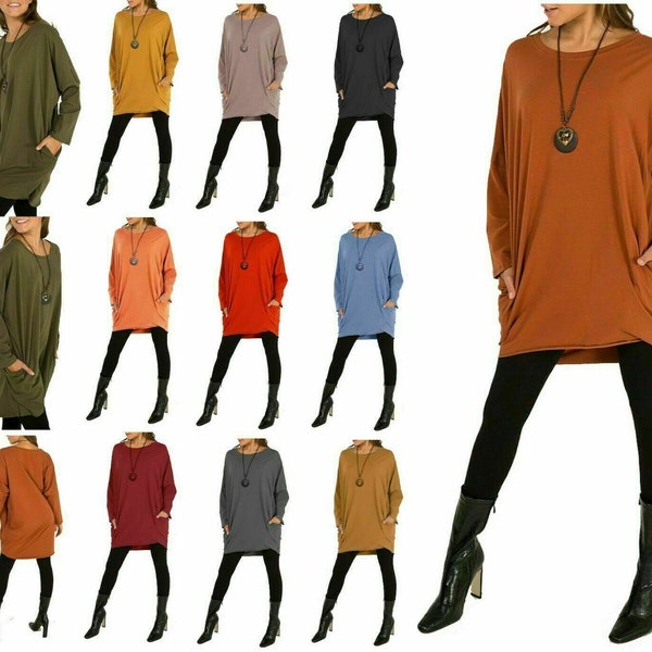 Women Ladies Italian Legenlook Batwing Long Sleeve Dipped Hem Dress Plain Necklace Tunic Top One Size 8-18