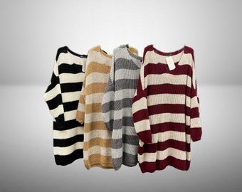 Women's Long Sleeves Horizontal Stripes Knit Pullover Jumper Ladies V-neck Drop Shoulder Knit Sweater One Size