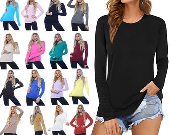 Womens Long Sleeve Round Neck Plain Basic Ladies Stretch T-Shirt Top UK 8-26