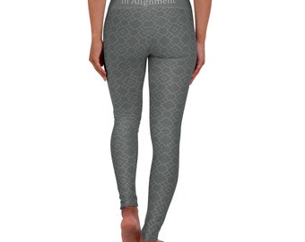 Graue Yogahose für Damen | Yogahose mit hoher Taille | Schwarze Foldover-Yogahose | Intention Setting Affirmation „In Alignment“ Damenhose