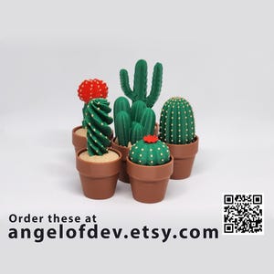 May include: A collection of six small potted cactus plants in various shapes and colours. The cacti are arranged in a circle on a white surface. Order these at angelofdev.etsy.com