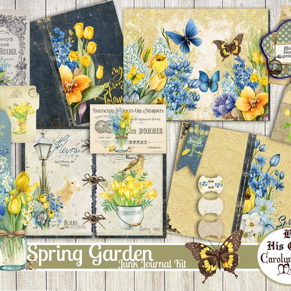 Spring Garden Junk Journal Kit imprimable, Numérique, Bleu, Jaune, Fleurs, Coupe difficile, Collage, Papiers éphémères, Scrapbooking, Fabrication de cartes