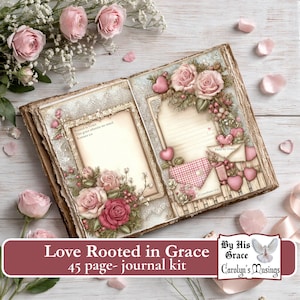 A journal kit with a vintage aesthetic. The open pages feature floral and heart embellishments, with roses in shades of pink and red.
