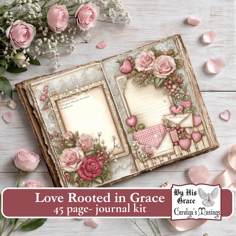 A journal kit with a vintage aesthetic. The open pages feature floral and heart embellishments, with roses in shades of pink and red.