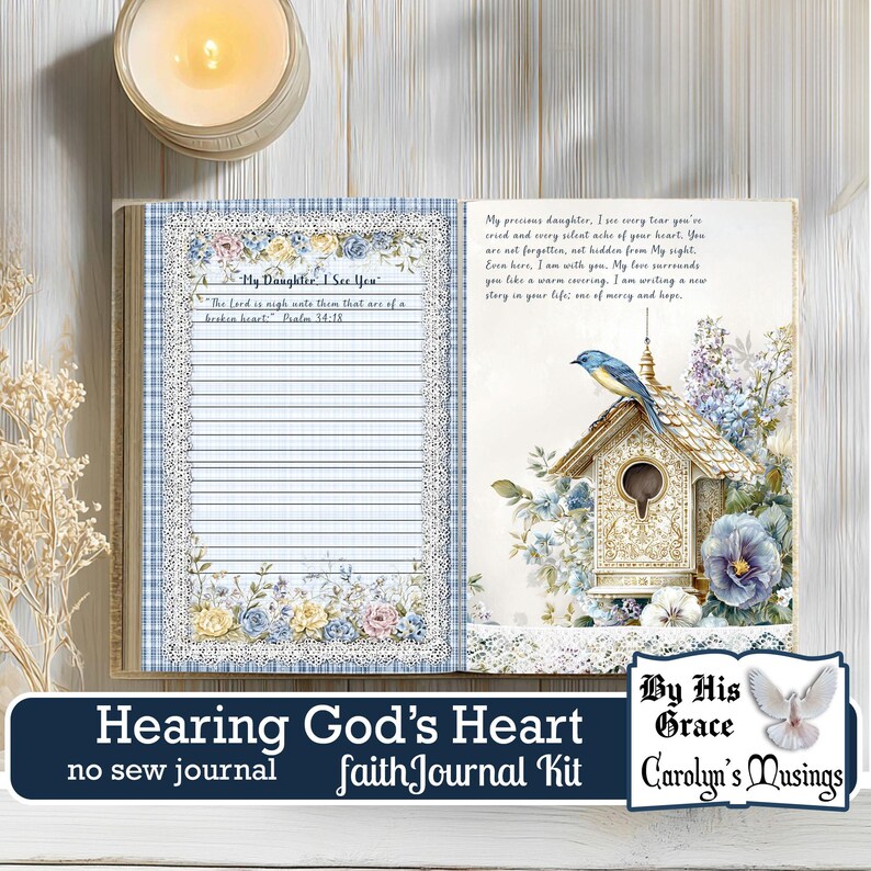 Scripture-based digital faith journal with botanical theme and healing focus for spiritual seekers. Faith journal with floral borders, scripture verse, birdhouse, and bluebird illustration. Enhance spiritual growth with this scripture-based digital journal, perfect for reflection and healing.
