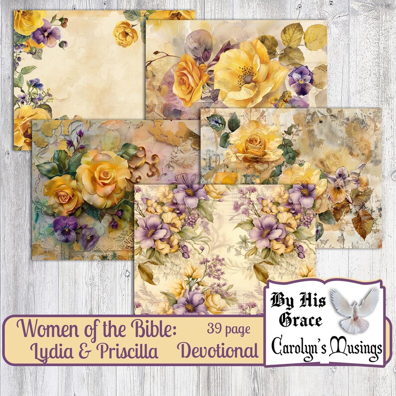 Puede incluir: Un devocional digital imprimible para mujeres de la Biblia, con Lydia y Priscila. La portada presenta un collage de flores amarillas y moradas con un fondo de acuarela. El texto "Women of the Bible: Lydia & Priscilla 39 page Devotional" se muestra en la portada. El texto "By His Grace Carolyn's Musings" se muestra en la esquina inferior derecha.