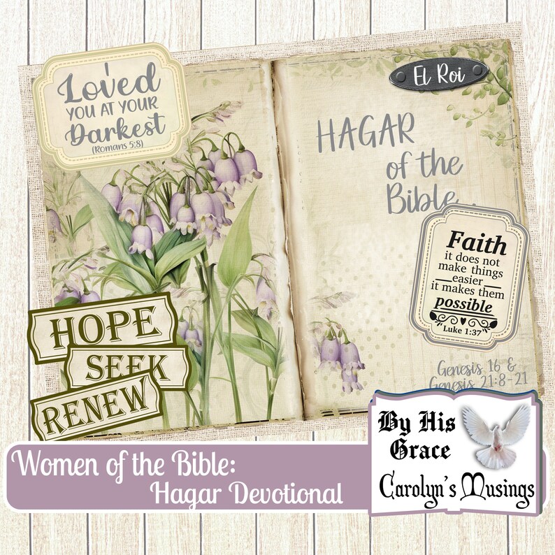 May include: A devotional journal with a floral design and the text "Hagar of the Bible" and "Women of the Bible: Hagar Devotional". The journal also includes the text "Loved you at your darkest (Romans 5:8)", "Hope Seek Renew", "Faith it does not make things easier it makes them possible (Luke 1:37)", "Genesis 16 & Genesis 21:8-21", "By His Grace", and "Carolyn's Musings".