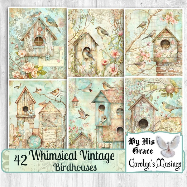 Junk Journal Whimsical Vintage Birdhouses, collage, Birds, birdhouse, vintage, portrait, Digital Downloads, Scrapbooking supplies, Printable