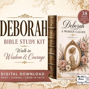 May include: A Bible study kit titled "Deborah" with the text "Walk in Wisdom & Courage." The cover of the book features a portrait of a woman, surrounded by flowers. The kit includes a digital download with 38 pages of faith and inspiration.