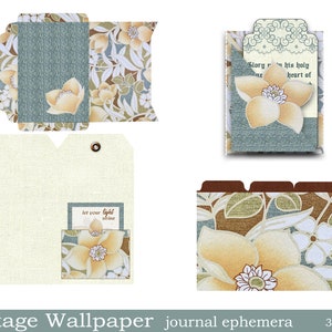 Op de afbeelding: Een set vintage-stijl printbare journaal ephemera met een bloemenontwerp in tinten bruin, groen en wit. De ephemera omvat een ​​zak, een tag en een scheidingslijn. De tekst "let your light shine" en "Glory rests in his holy heart of" is opgenomen in de ephemera.