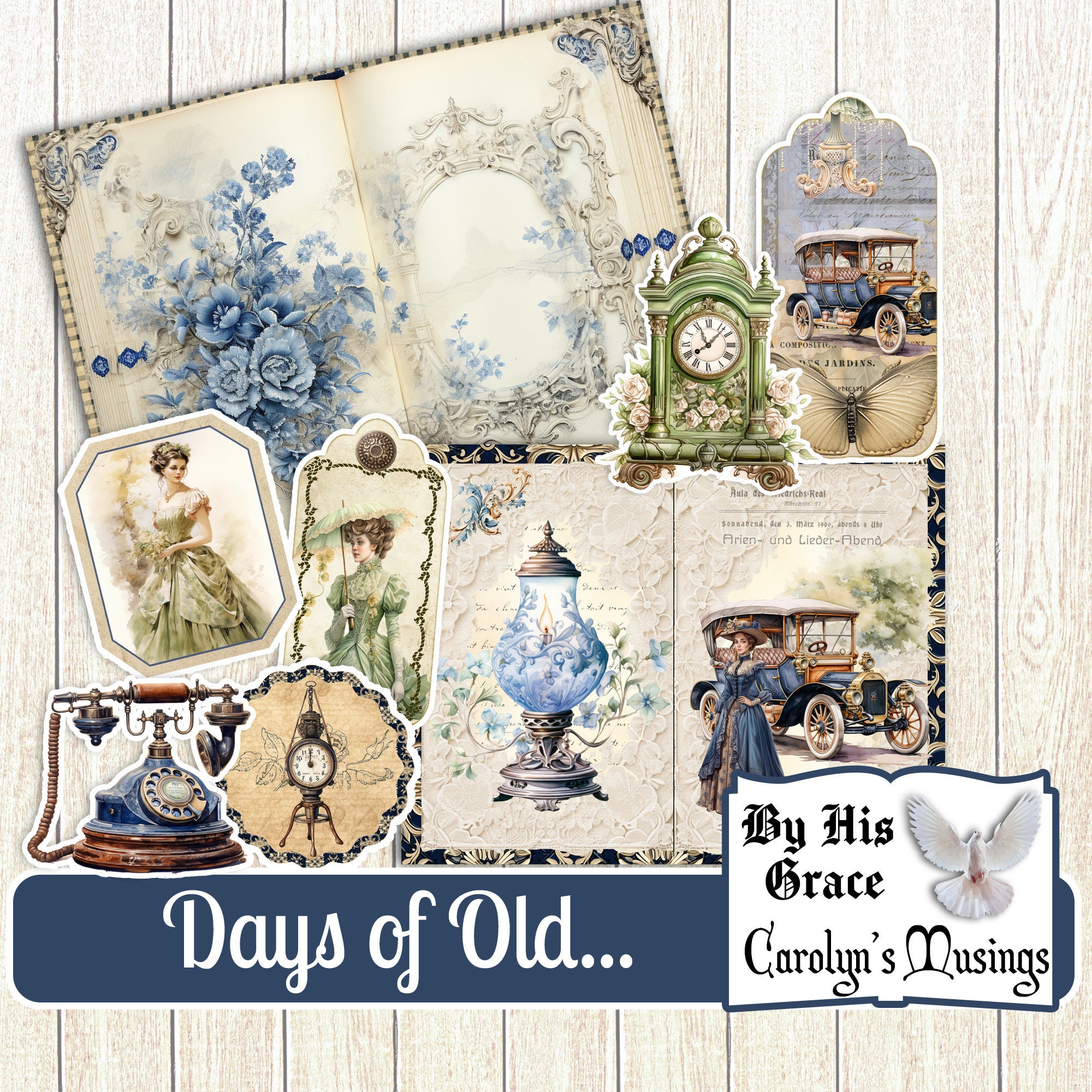 Junk Journal Vintage Days of Old Kit, Victorian Blue