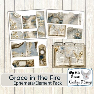 May include: A collection of ephemera elements with a vintage aesthetic. The designs include floral accents, open books, and a hand illustration. The text "Grace in the Fire Ephemera/Element Pack" is displayed at the bottom. The color palette includes blue, beige, and gold.