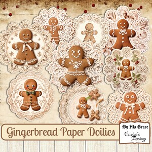May include: Eight gingerbread man paper doilies with white lace designs. Each doily features a gingerbread man with different icing designs. The text "Gingerbread Paper Doilies" and "By His Grace Carolyn's Musings" is at the bottom of the image.
