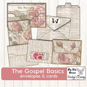 Páginas digitais do Faith Junk Journal, kit de itens efêmeros para impressão para scrapbooking cristão, diário de fé Shabby Chic, envelopes evangélicos, cartões, faça você mesmo