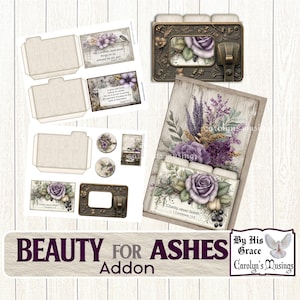 May include: A collection of paper ephemera with a floral and vintage theme. The set includes decorative tabs, labels, and embellishments featuring purple roses, lavender, and botanical illustrations. The text "Beauty for Ashes Addon" is displayed at the bottom.