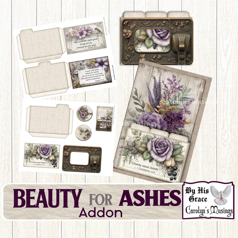 May include: A collection of paper ephemera with a floral and vintage theme. The set includes decorative tabs, labels, and embellishments featuring purple roses, lavender, and botanical illustrations. The text "Beauty for Ashes Addon" is displayed at the bottom.