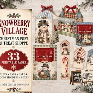 Pode incluir: Uma coleção de artesanato em papel imprimível com tema natalino intitulada Snowberry Village Christmas Post & Treat Shoppe, incluindo 33 páginas de caixas de presente, porta-cacau, etiquetas e placas com ilustrações de bonecos de neve.