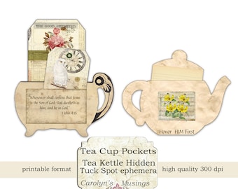 May include: Printable teacup and teapot pocket designs with a vintage aesthetic. The teacup design features a white owl and a quote about Jesus. The teapot design features yellow flowers and the text "Honor HIM First".