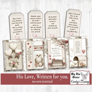 Printable Christian journal kit with love-themed scripture, suitable for Valentine's Day devotional articles. Vintage-style Christian journal pages with lace, scripture, hearts, and owls, themed around love and faith.