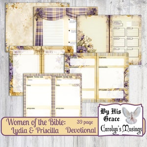 Puede incluir: Un diario devocional imprimible de 39 p&aacute;ginas con un dise&ntilde;o floral morado y amarillo. El diario incluye p&aacute;ginas para el estudio de las Escrituras, registros de vers&iacute;culos para memorizar, planificaci&oacute;n semanal y notas. El texto de la portada dice "Women of the Bible: Lydia & Priscilla 39 page Devotional By His Grace Carolyn's Musings".