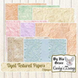 May include: A set of 29 digital papers featuring a range of textures and colours, including peach, green, lavender, and blue. The papers have a vintage, distressed appearance and are ideal for scrapbooking, card making, and other craft projects. The text "Dyed Textured Papers" and "29 pages" is visible at the bottom of the image. The text "By His Grace Carolyn's Musings" is visible in the bottom right corner of the image.