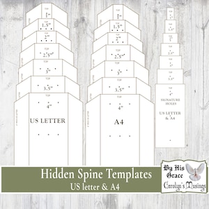 以下が含まれることがあります： インチ単位の測定値が記載された、隠れた背表紙用の白い紙テンプレート。テンプレートには「US LETTER」と「A4」のサイズが記載されています。画像には「Hidden Spine Templates US letter & A4」というテキストが含まれています。