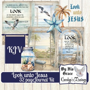 May include: A digital journal kit with a beach theme. The design includes a jar filled with seashells, a blue starfish, and a view of the ocean. Text includes "Look unto Jesus" and Bible verses.